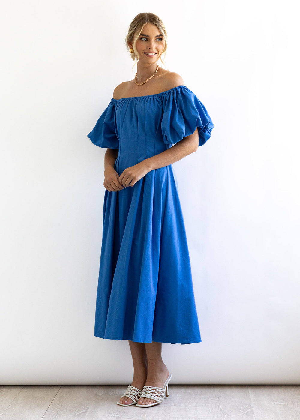 Off Shoulder Puff Sleeves Midi Dress DP25B411