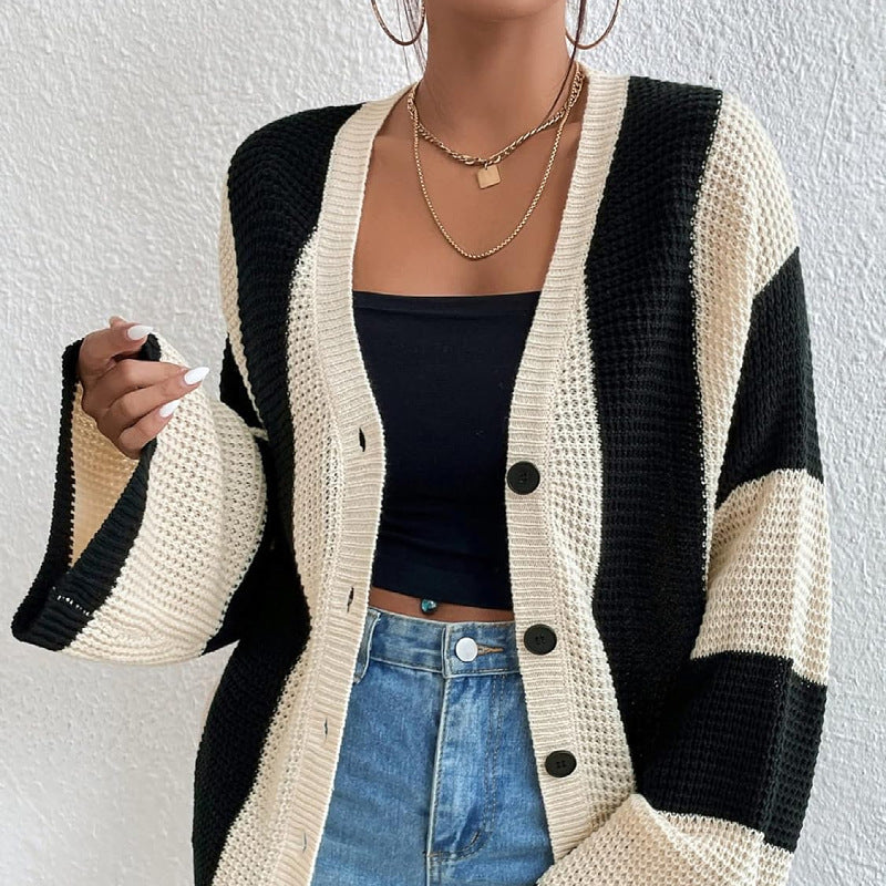 Striped Color Block Flare Sleeves Knit Cardigan DPT1430