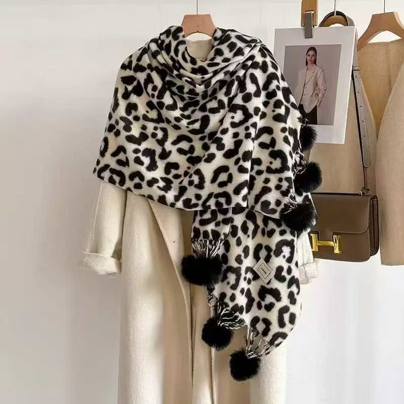 Leopard Print Pompom Scarf - DippedShop Wholesale - #8883