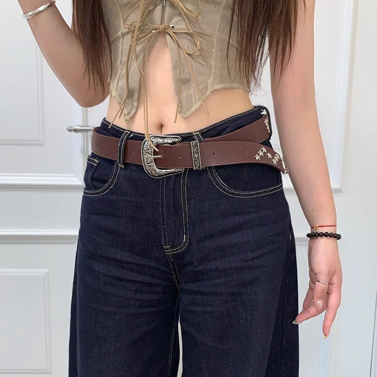 Vintage Stylish Star Rivet Wide Leather Belt 6W6JBT168