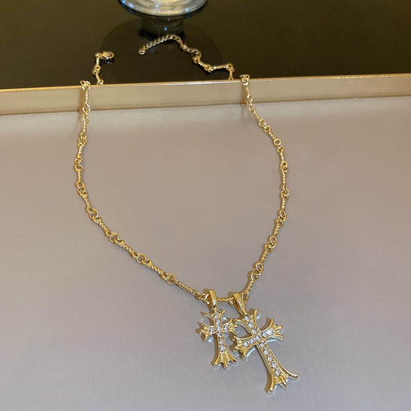 Elegant Gold Plated Rhinestones Cross Pendant Necklace 6W6JNC974