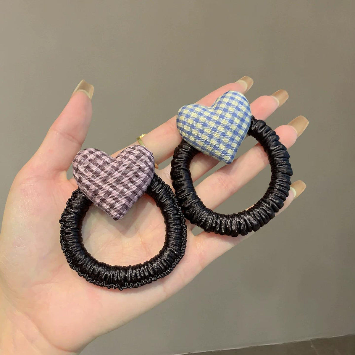 Cute Plaid Heart Elastic Ponytail Holder Hair Tie 6W6HSR461