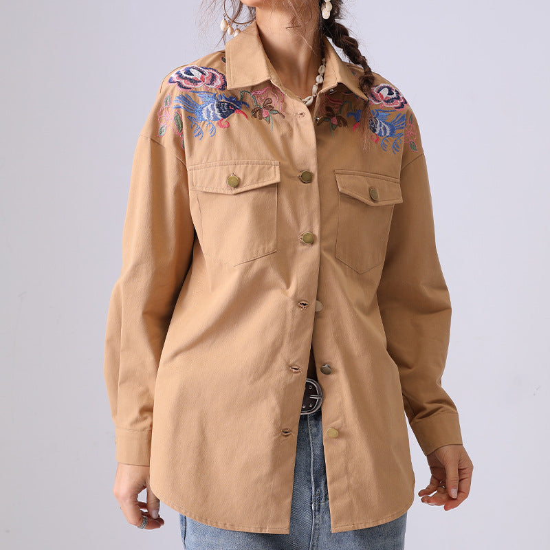 Trendy Embroidered Lapel Collar Long Sleeve Top DP25D884