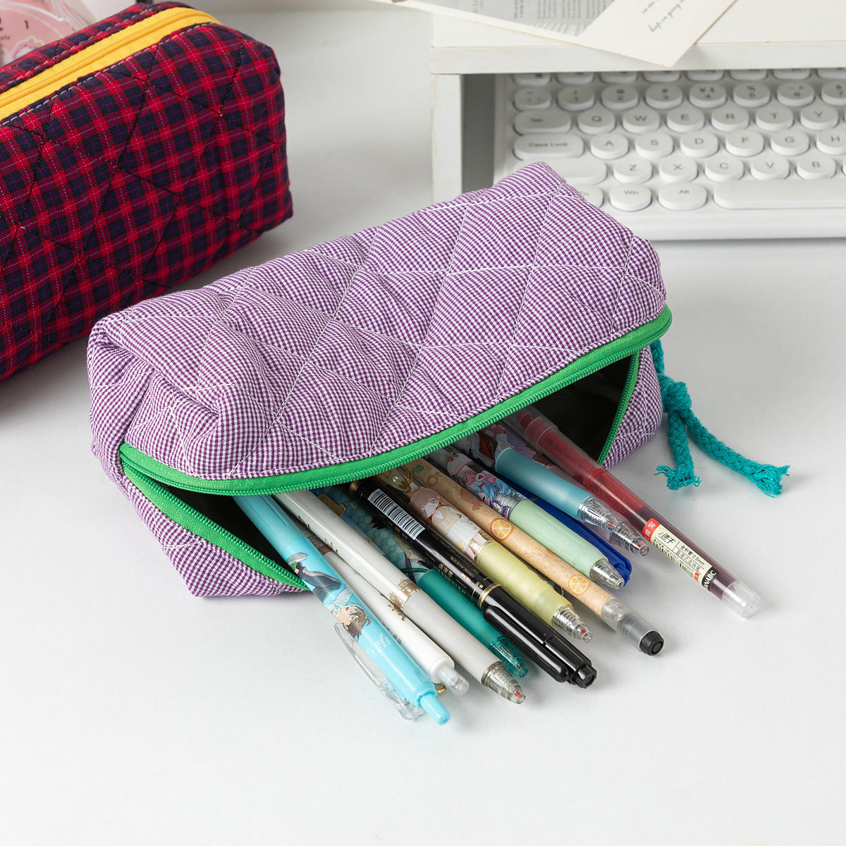Retro Color Contrast Plaid Portable Pencil Pouch 6S10BOB1043