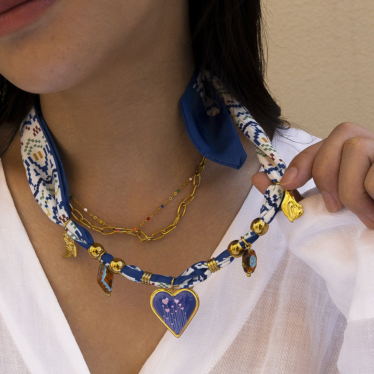 Enamel Heart Scarf Necklace - DippedShop Wholesale - #1859