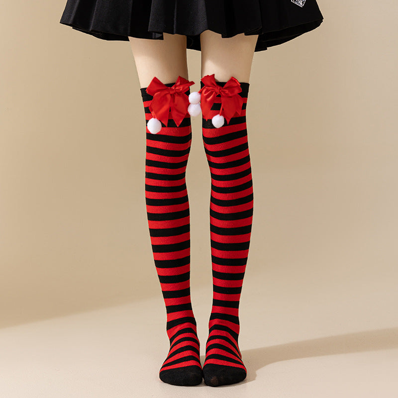 Christmas Bow Pom Pom Thigh High Socks 6W8FSO914