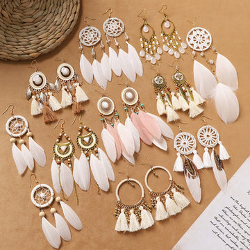 Retro Feather Tassel Earrings - DippedShop Wholesale - #3971