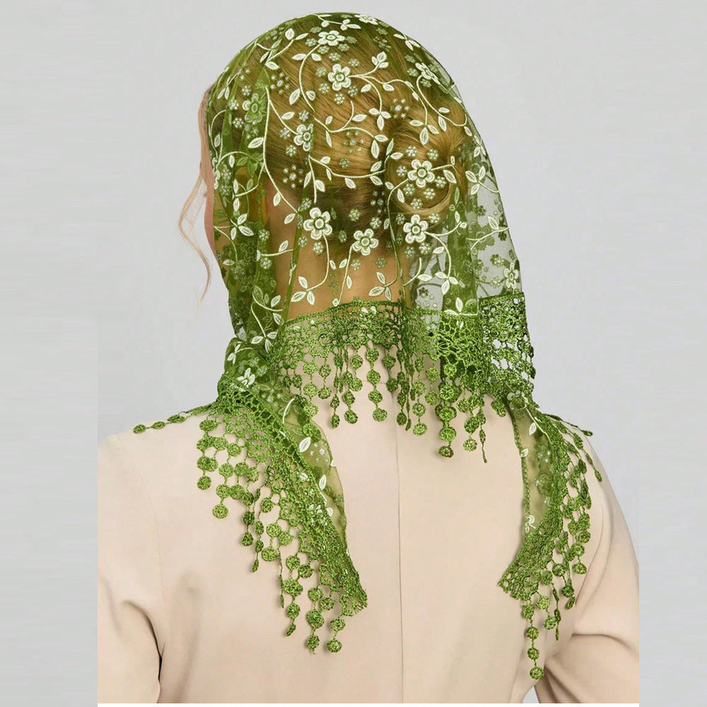 Solid Color Floral Lace Triangle Veil Head Scarf MK2BK6W6HHS23