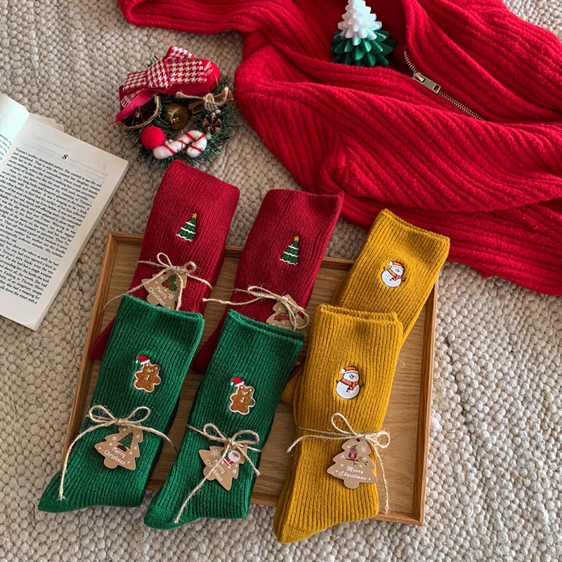 Ribbed Embroidered Christmas Cotton Socks 6W8FSO913
