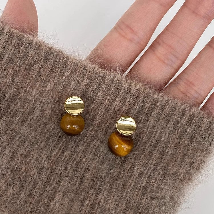 Vintage Natural Tiger Eye Bead Stud Earrings 6W6JER943