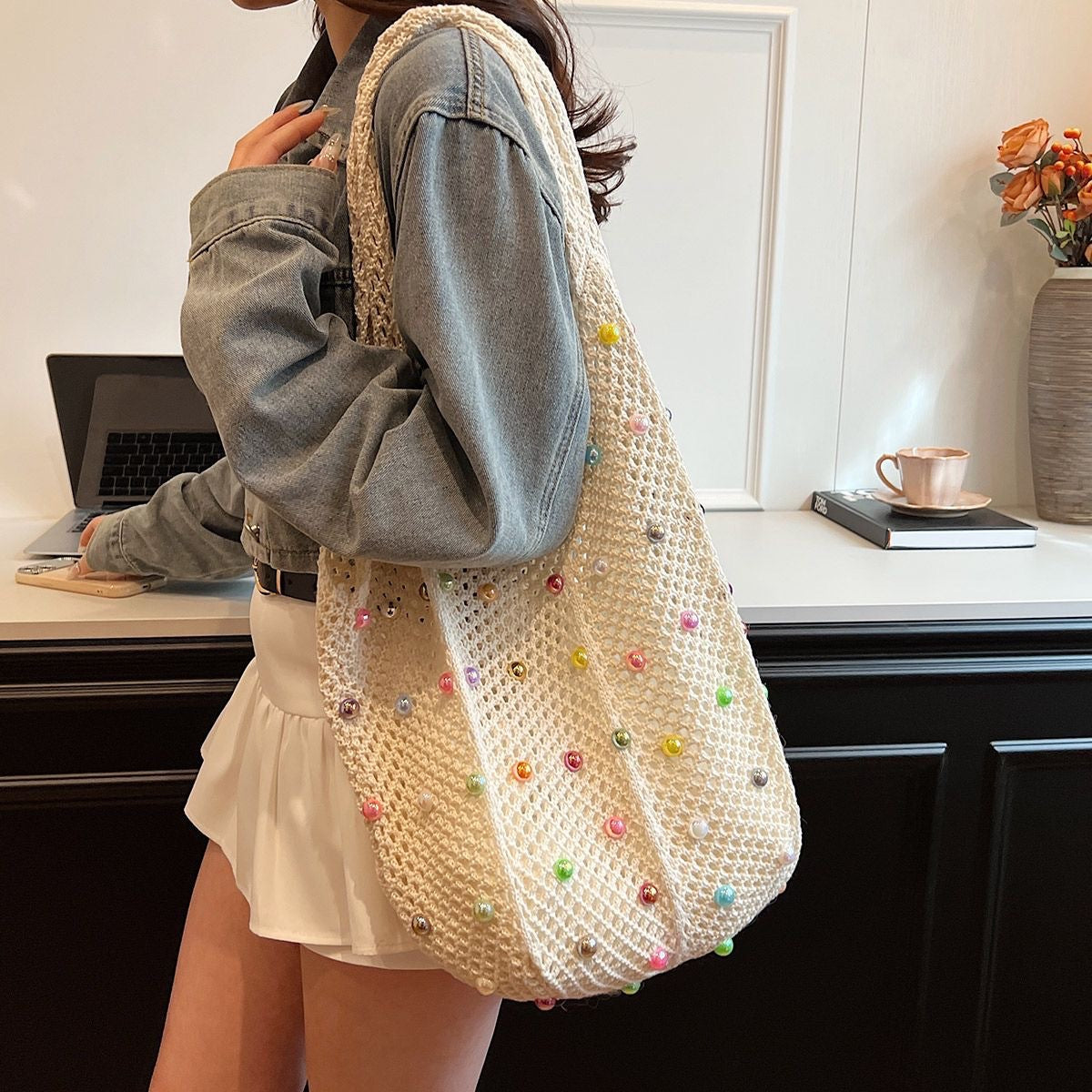 Trendy Knit Colorful Beads Large Capacity Shoulder Bag 6W10BBG1763