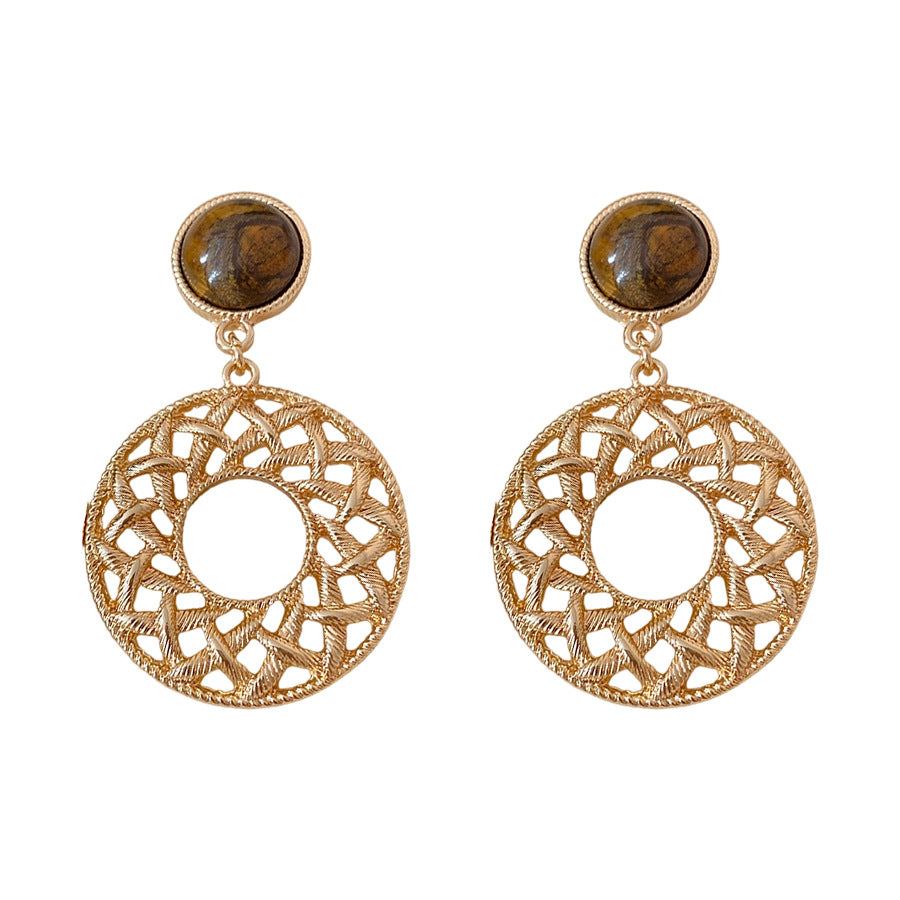 Vintage Tiger Eye Stone Hollow Circle Dangle Earrings 6W6JER774