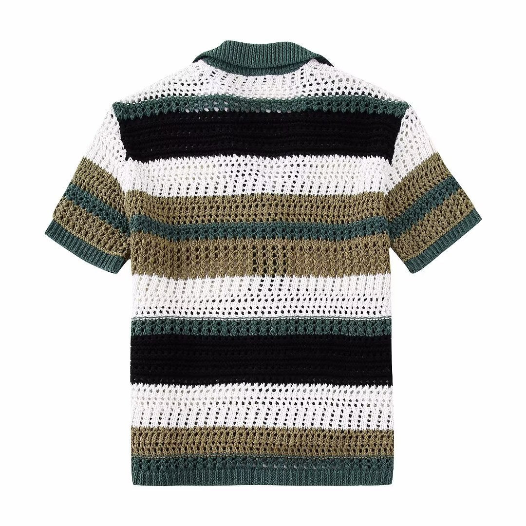 Trendy Short Sleeve Striped Knit Top DP25D406