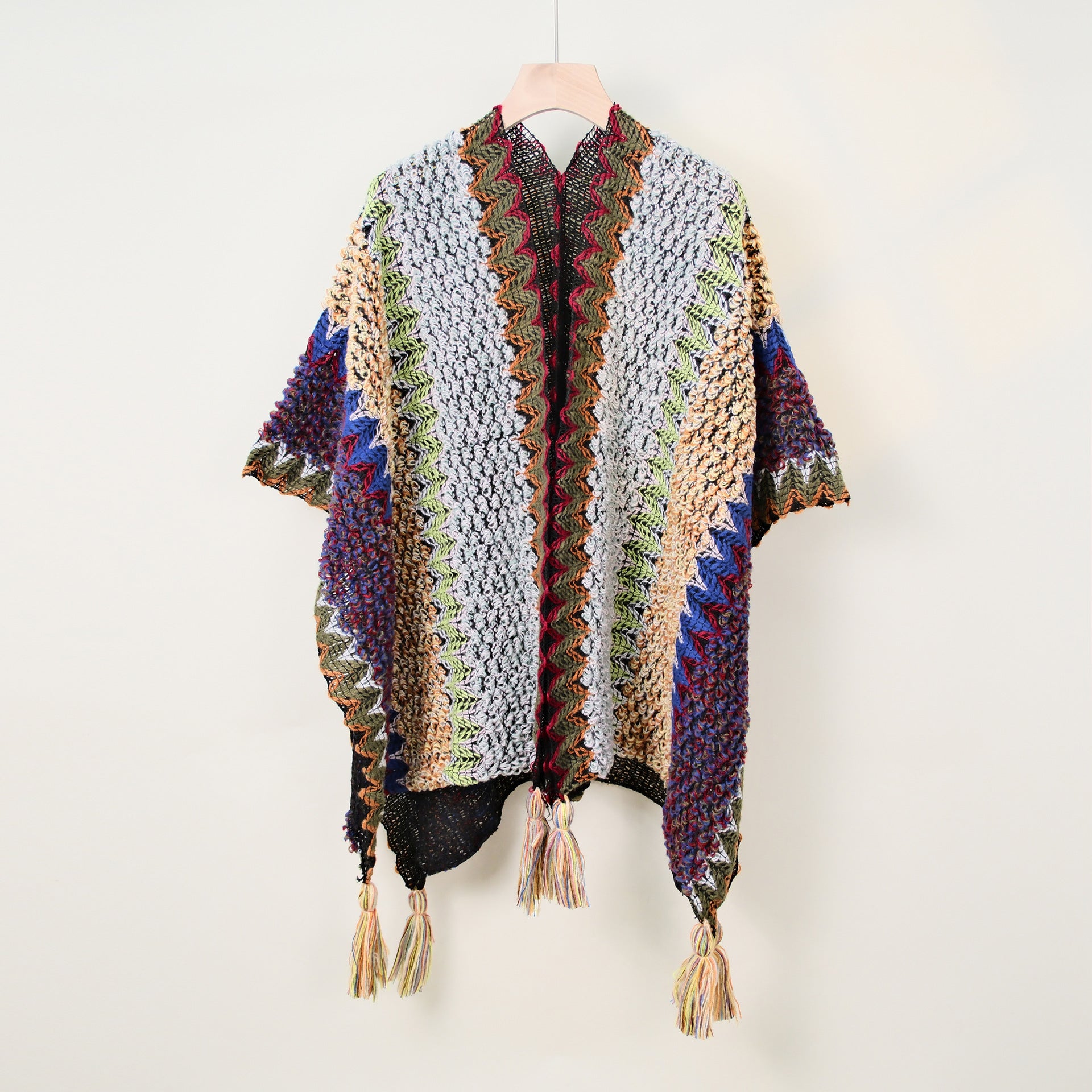 Boho Tassel Wavy Texture Knit Shawl Wrap 6W6NSC48