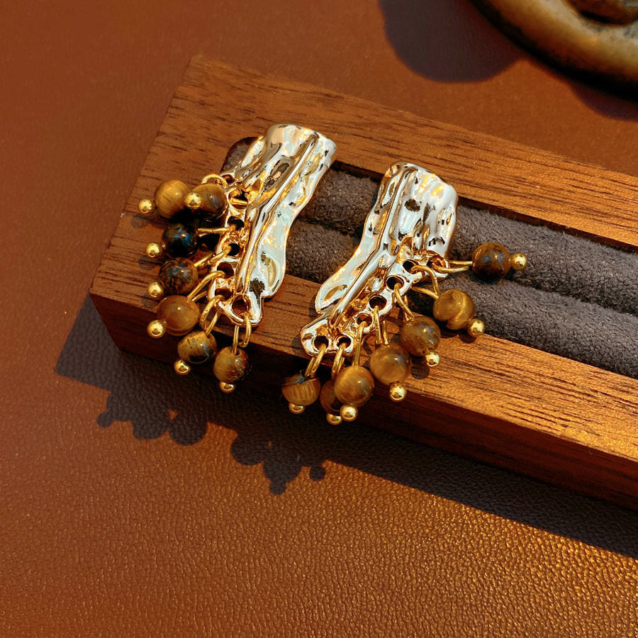 Vintage Crinkled Tiger's Eye Tassel Earrings 6W6JER834