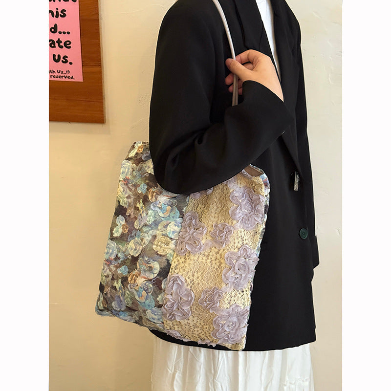 Vintage Oil Painting Lace Floral Canvas Shoulder Bag 6W10BBG1989