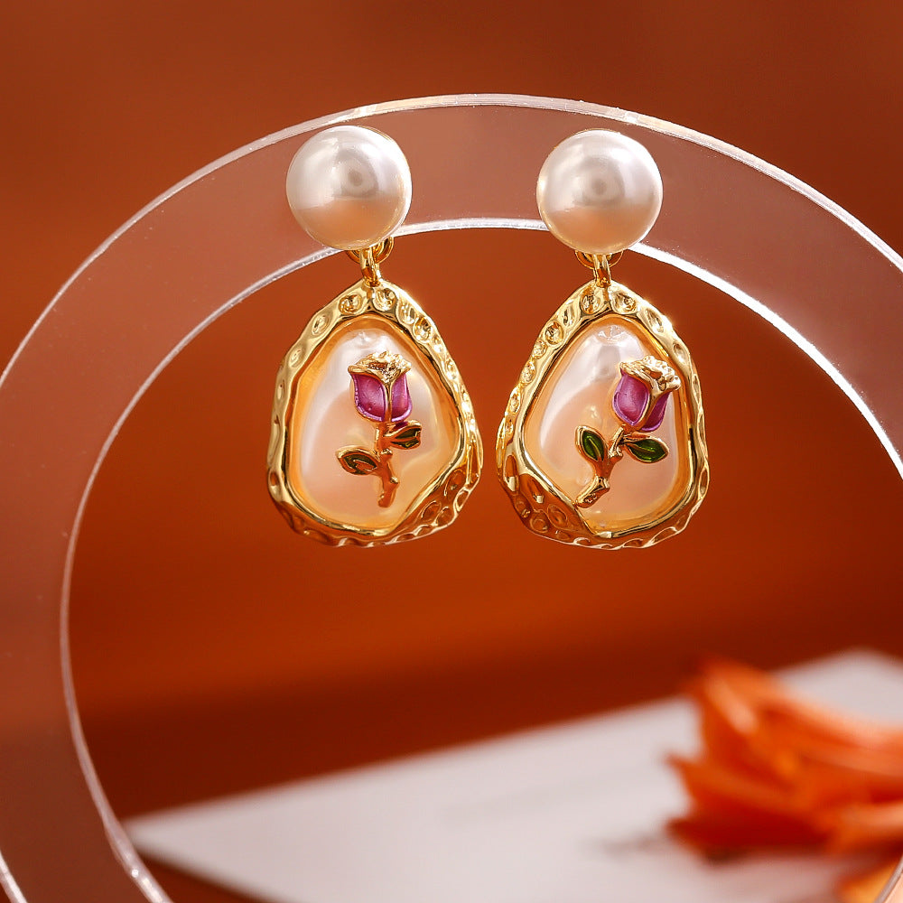 Trendy Baroque Pearl Rose Dangle Stud Earrings DP25E592