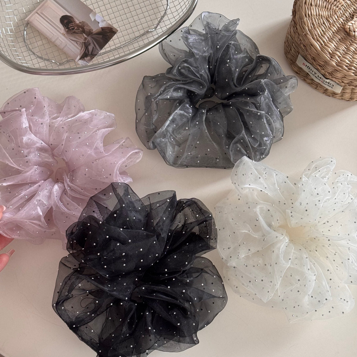 Sheer Fluffy Rhinestone Starry Mesh Hair Scrunchie MK2BLW6W6HSR22