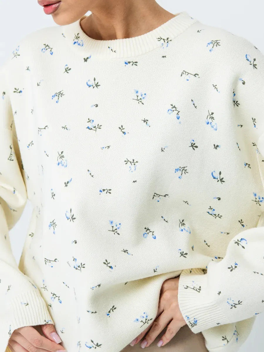Flower Print Crew Neck Pullover Knit Sweater DP25H640