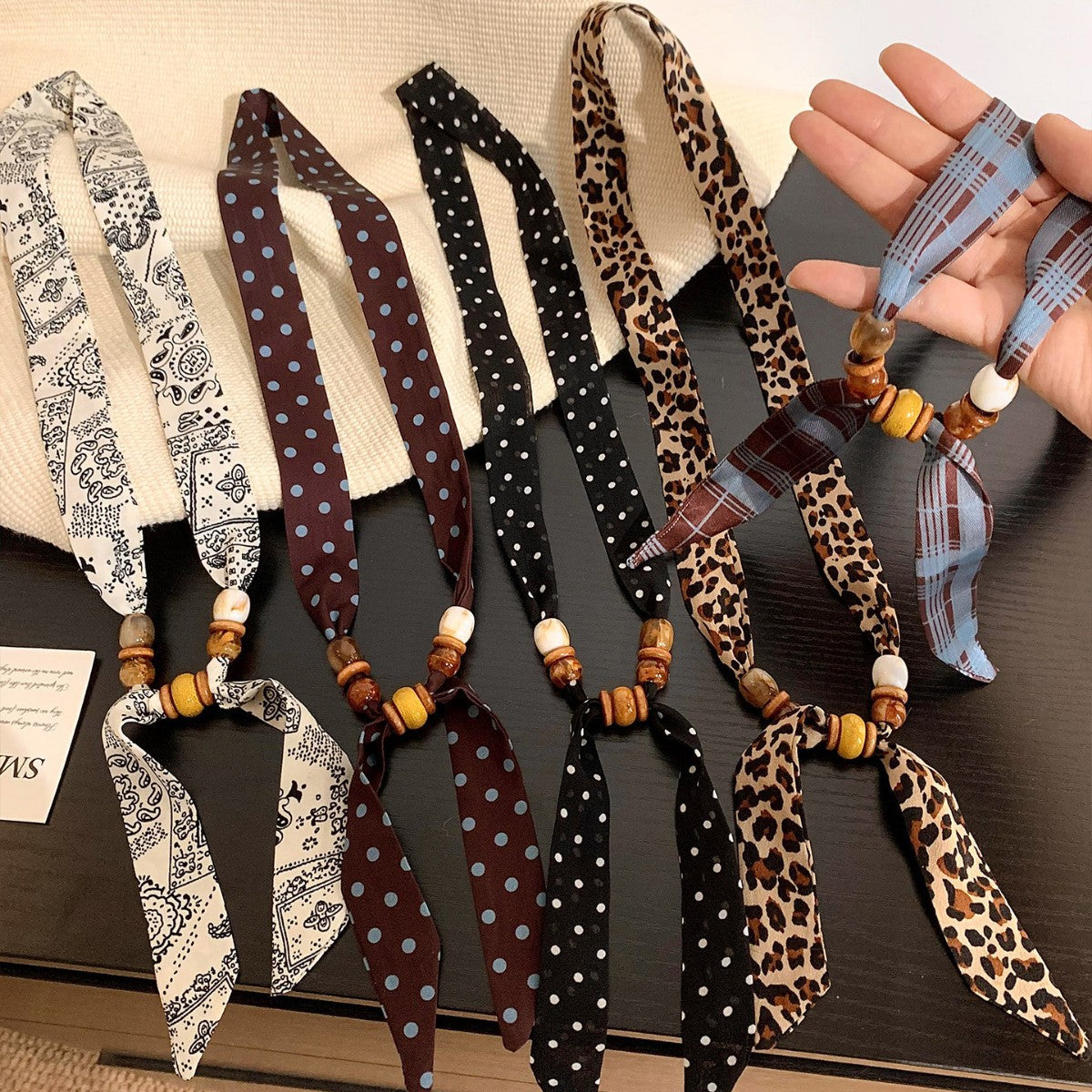 Retro Polka Dot Beaded Adjustable Scarf Necklace MK2BW6W6JNC234