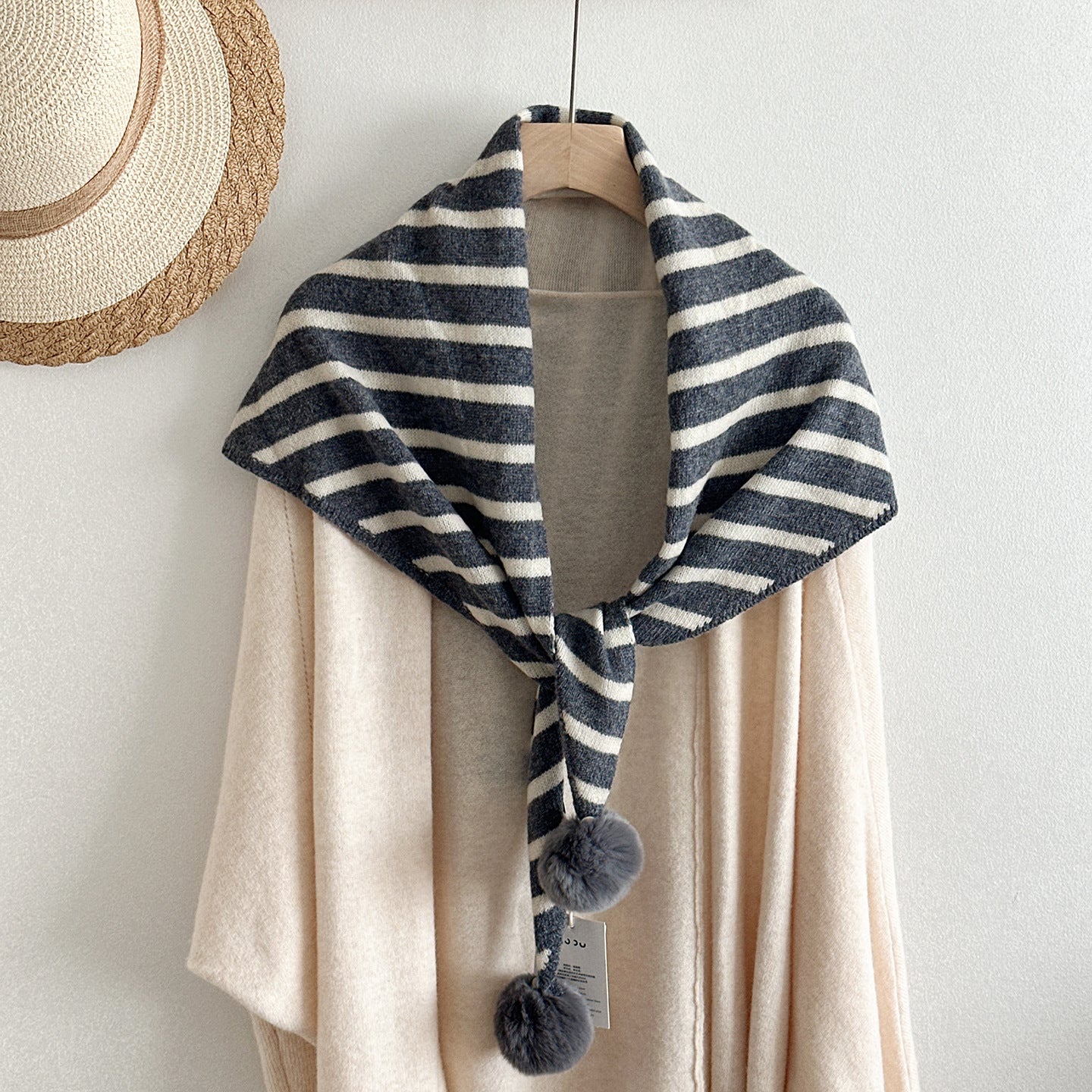 Cute Pom Striped Triangle Shawl Knit Scarf 6W6NSC98