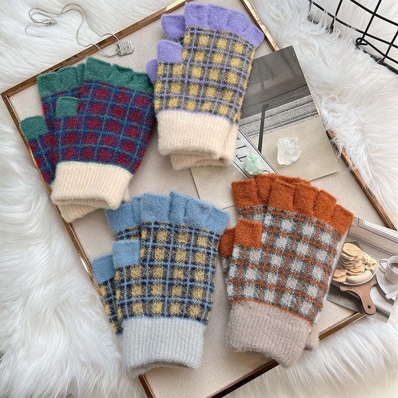 Plaid Knit Fingerless Gloves - DippedShop Wholesale - #3363