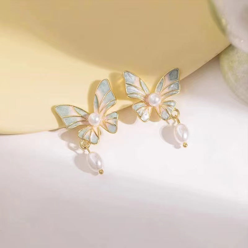 Colorful Butterfly Pearl Pendant Clip Earrings DPJE1233