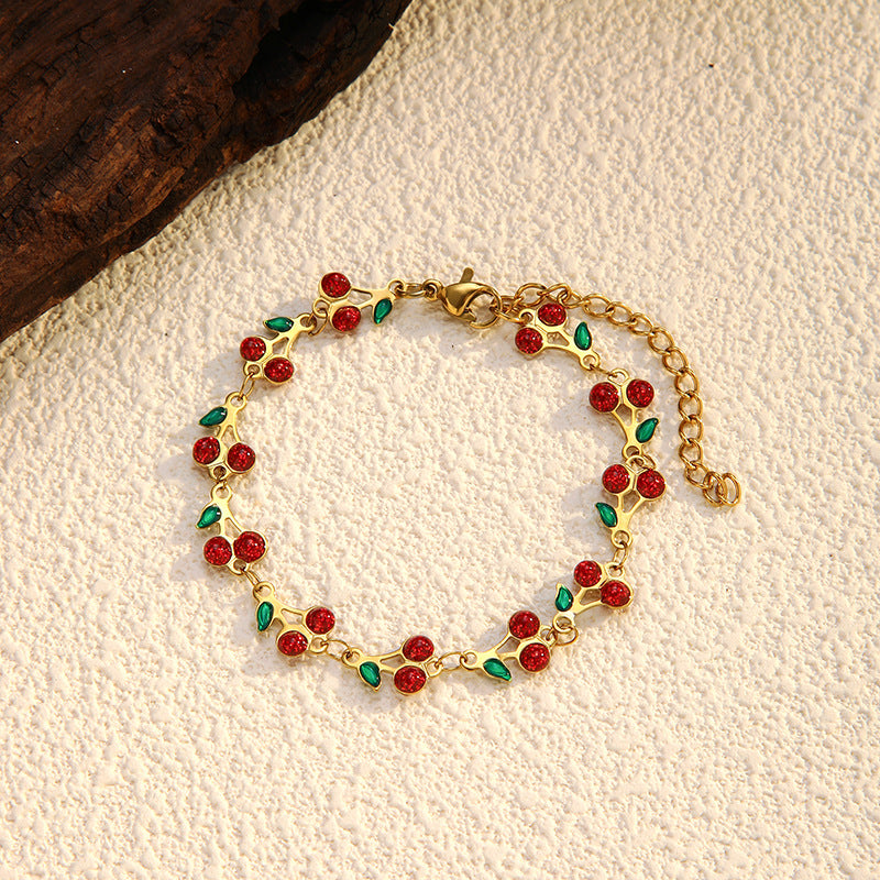 Cute Cherry Rhinestone Gold Plated Chain Bracelet 6W6JBR516