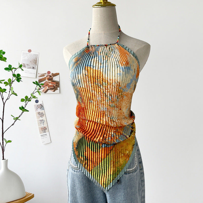 Painting Pleated Beads Scarf Halter Camisole MK2BW6W6NSI23
