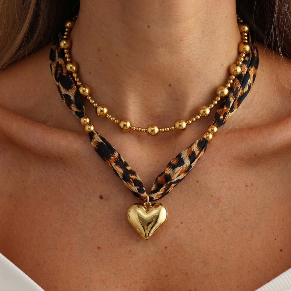 2 Pcs Leopard Print Hear Pendant Scarf Necklace 6W6JNC1003
