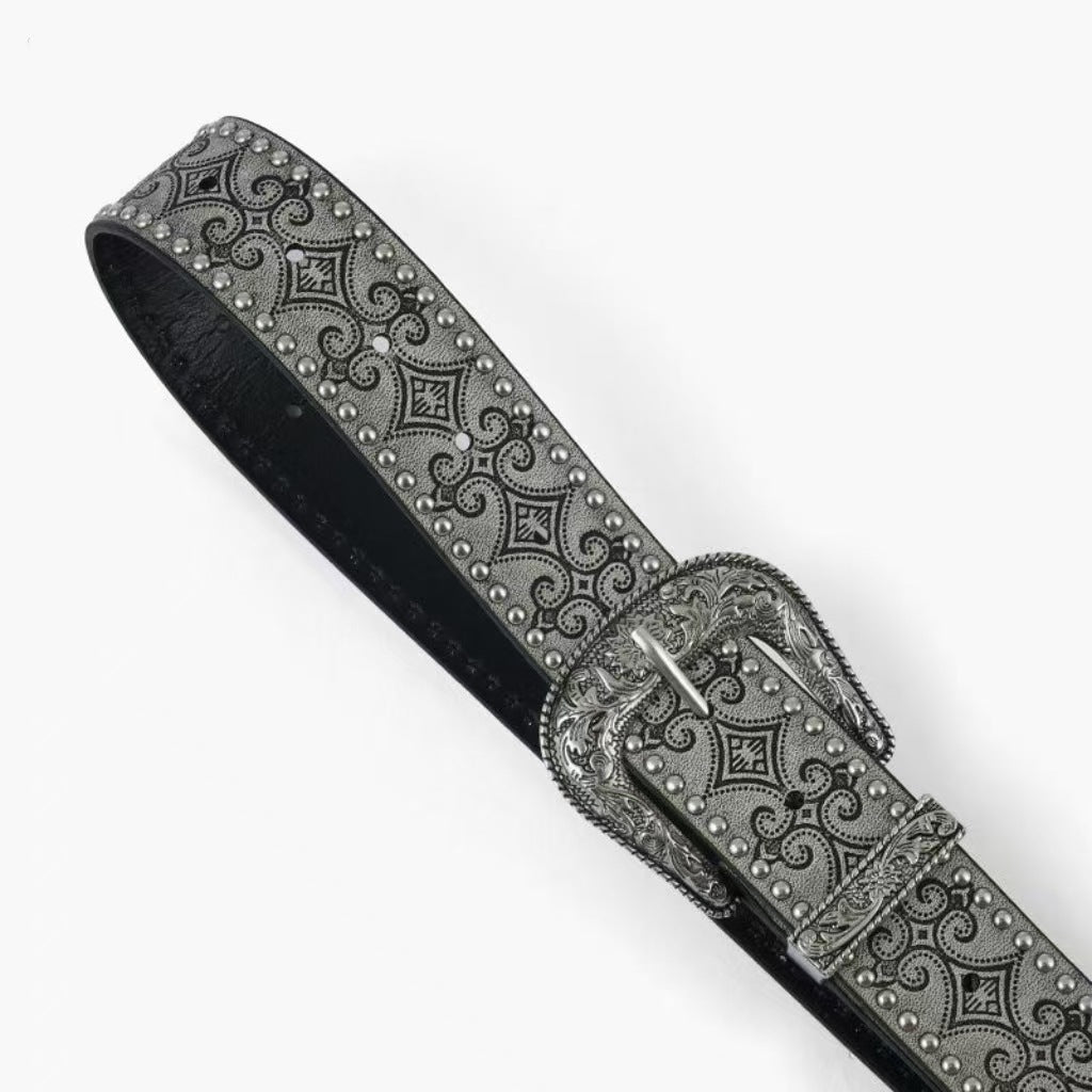 Fashion Floral Embossed Studded Leather Belt MK2LEEP6W6JBT37