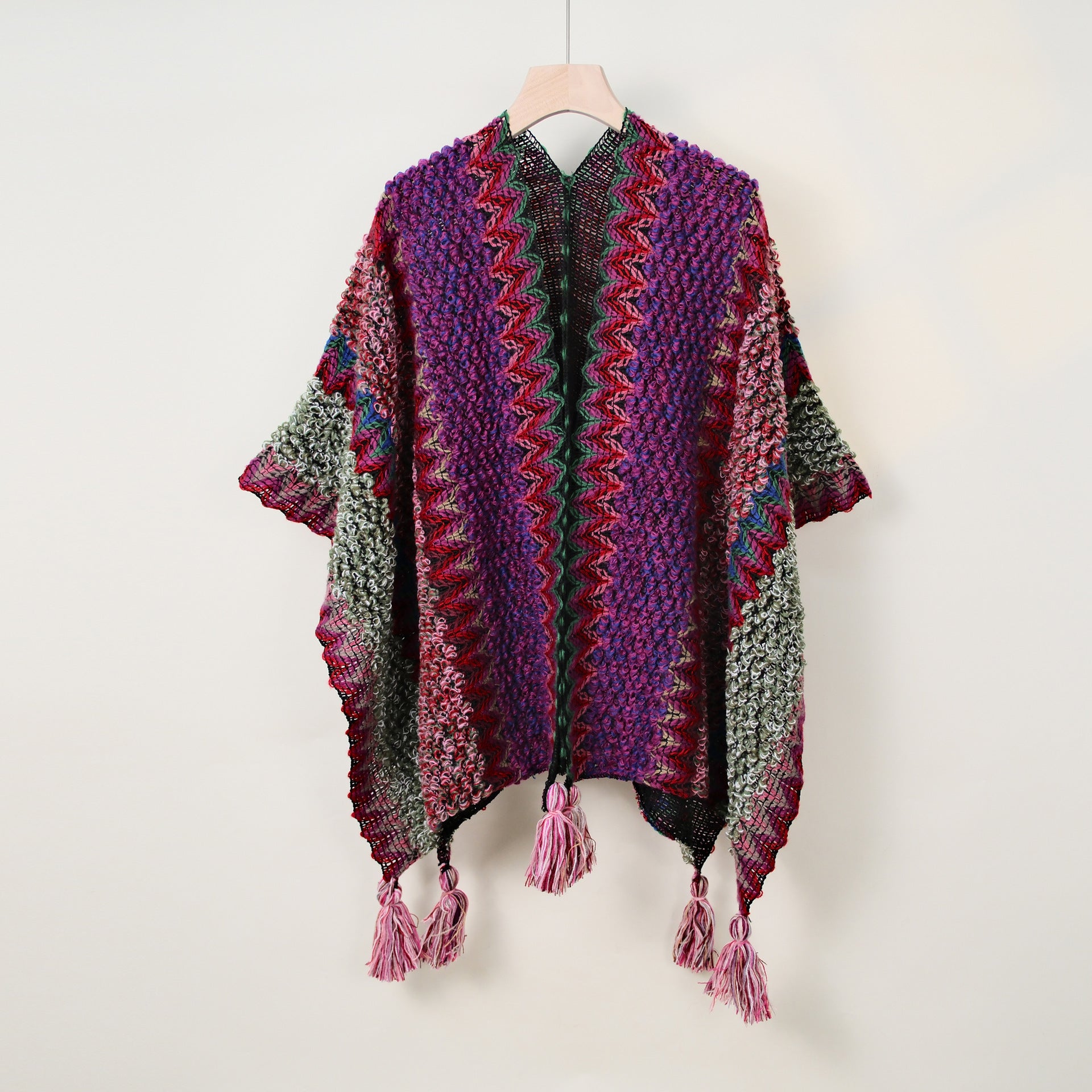 Boho Tassel Wavy Texture Knit Shawl Wrap 6W6NSC48