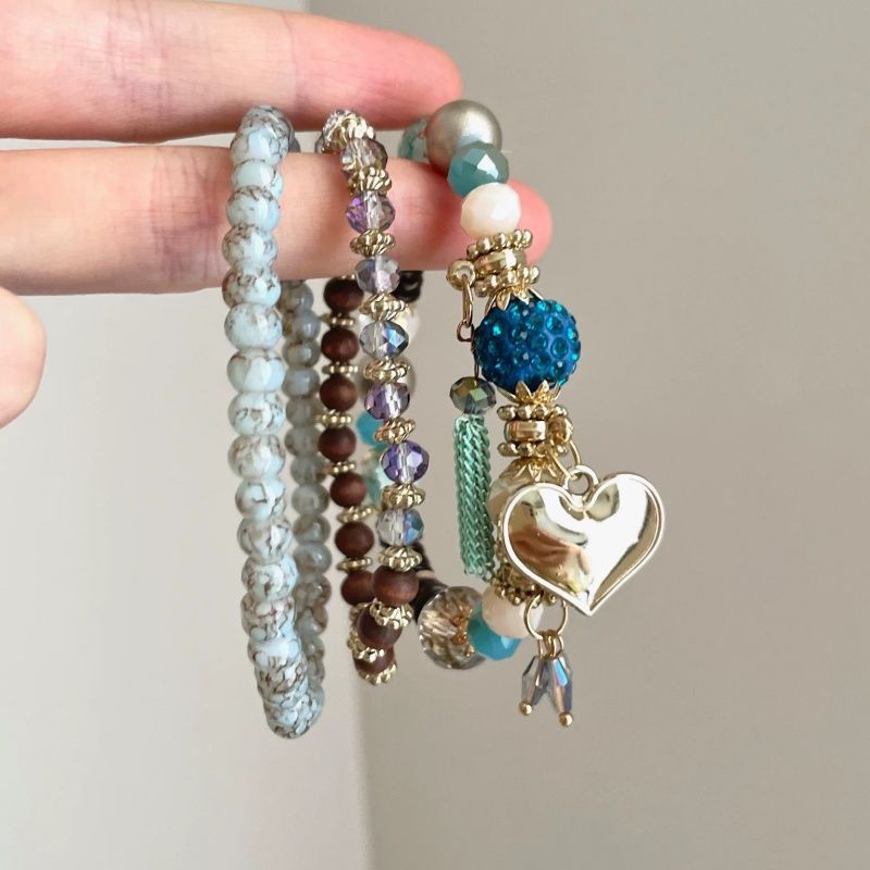 Vintage Heart Pendant Crystal Beaded Chain Bracelet 6W6JBR374