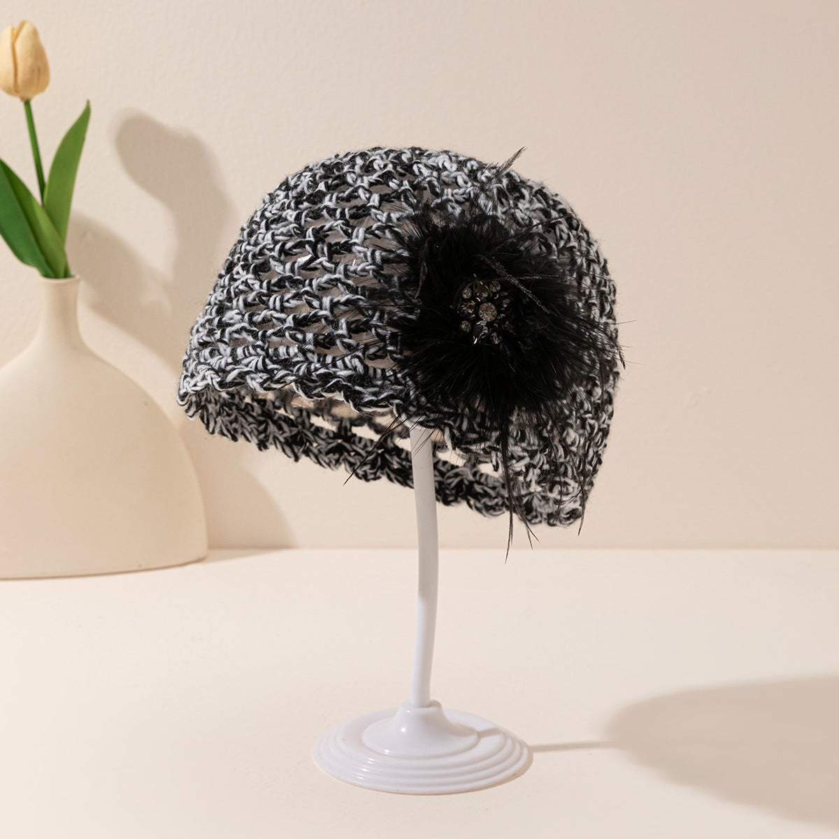 Vintage Hollow Out Feather Flower Crochet Beanie Cap 8BK6HAT199T