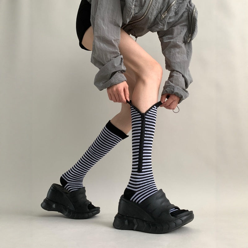 Simple Zipper Striped Calf Socks 6W8FSO763