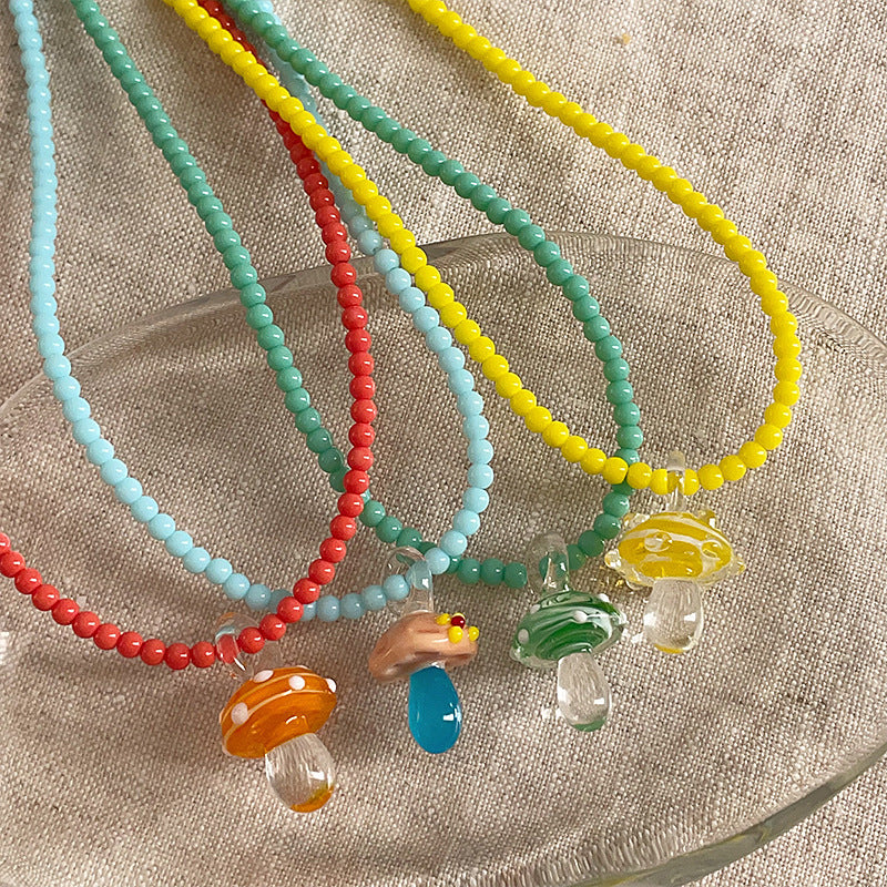 Sweet Mushroom Pendant Beaded Choker Necklace 6W6JNC449