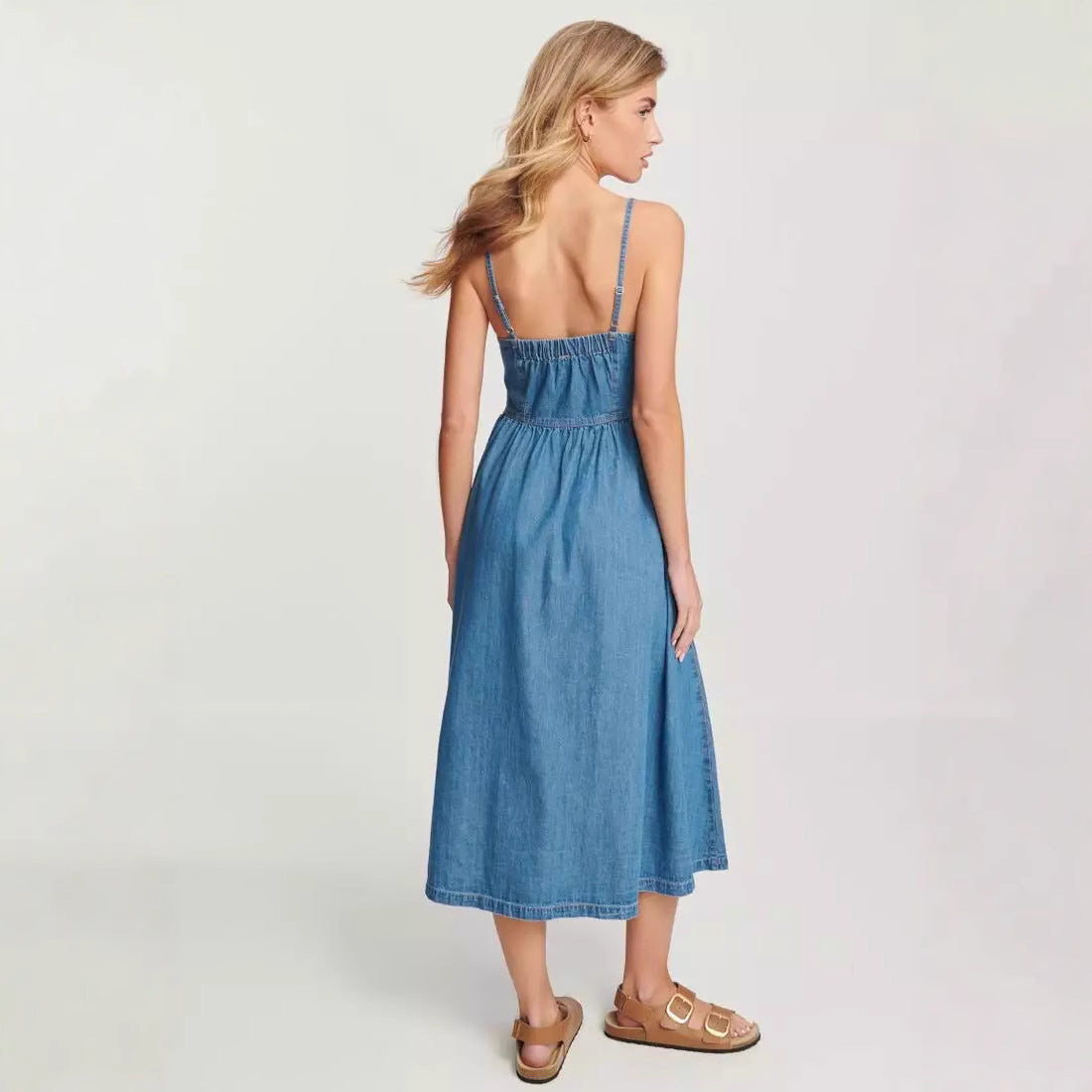 Denim Simple Button Spaghetti Midi Dress DP25A529