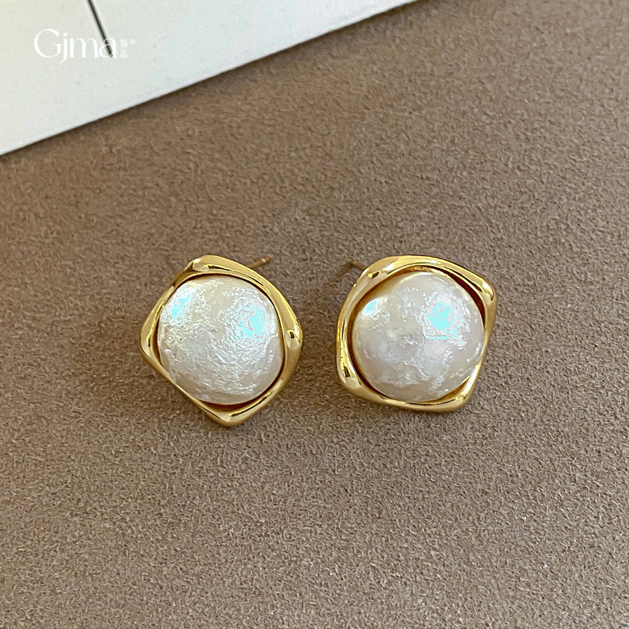 Elegant Gold Bezel Pearl Geometric Earrings 6W6JER772