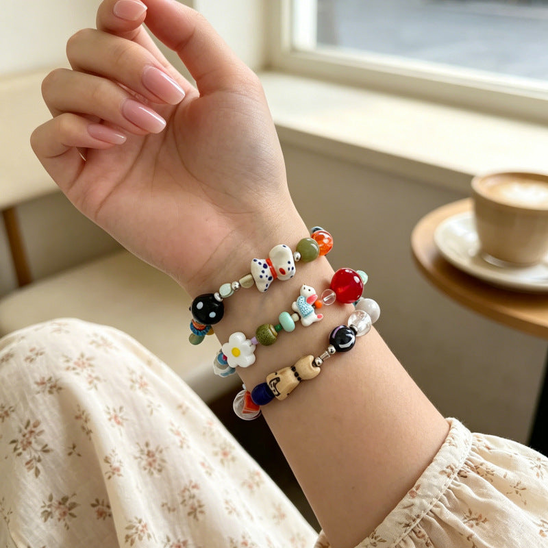 Fashion Color Contrast Bead Flower Charm Bracelet 6W6JBR378