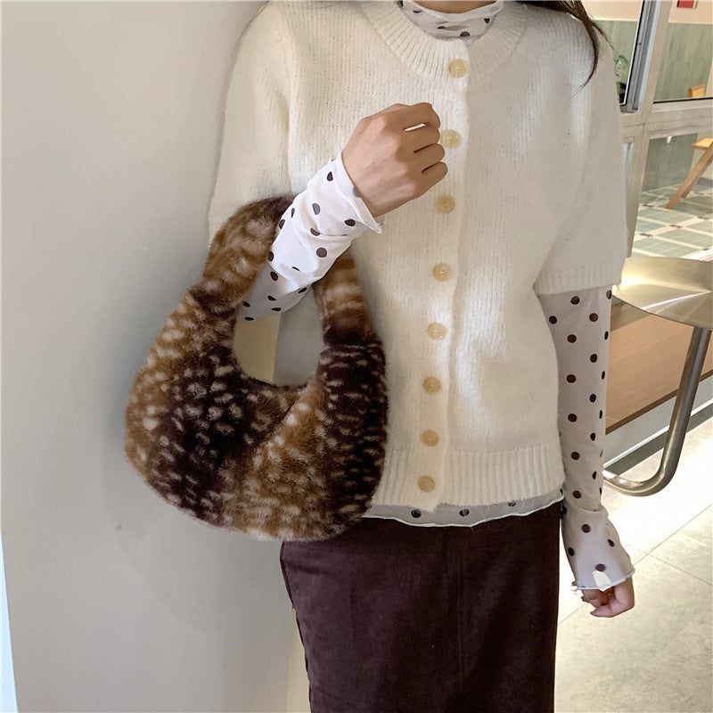 Cute Plush Deer Print Crescent Tote Bag 6W10BBG2368