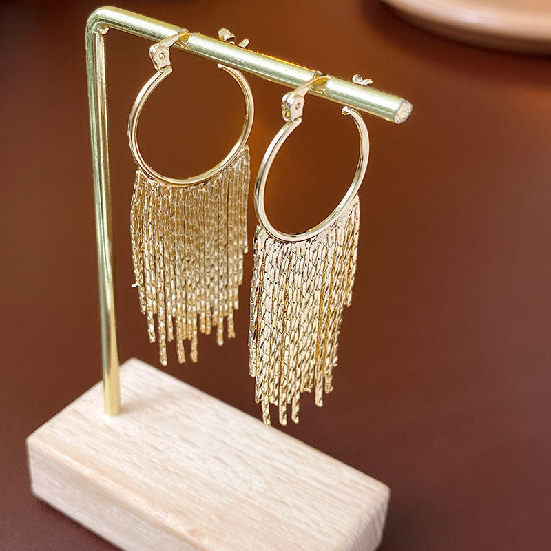 Stylish Gold Plated Long Tassel Hoop Earrings 6W6JER705