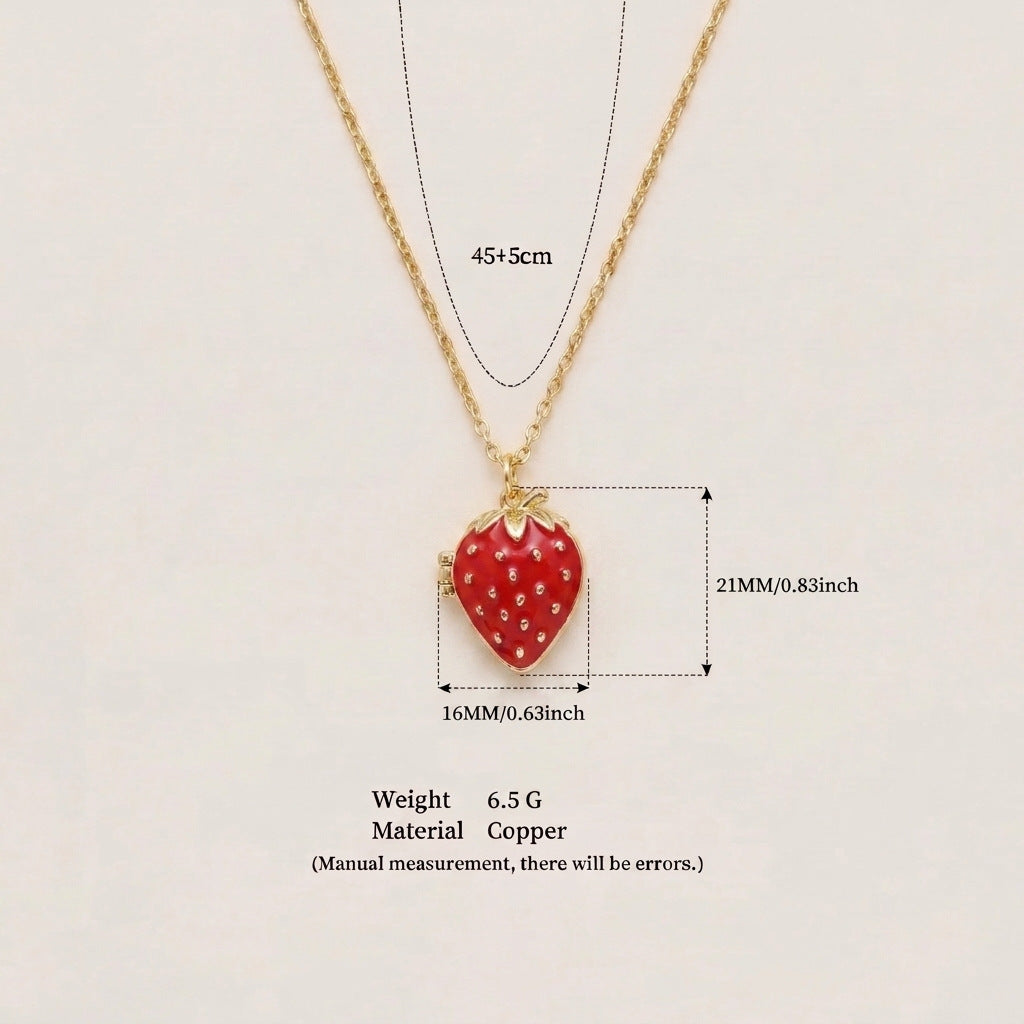 Cute Strawberry Pendant Rhinestone Locket Necklace 6W6JNC421L