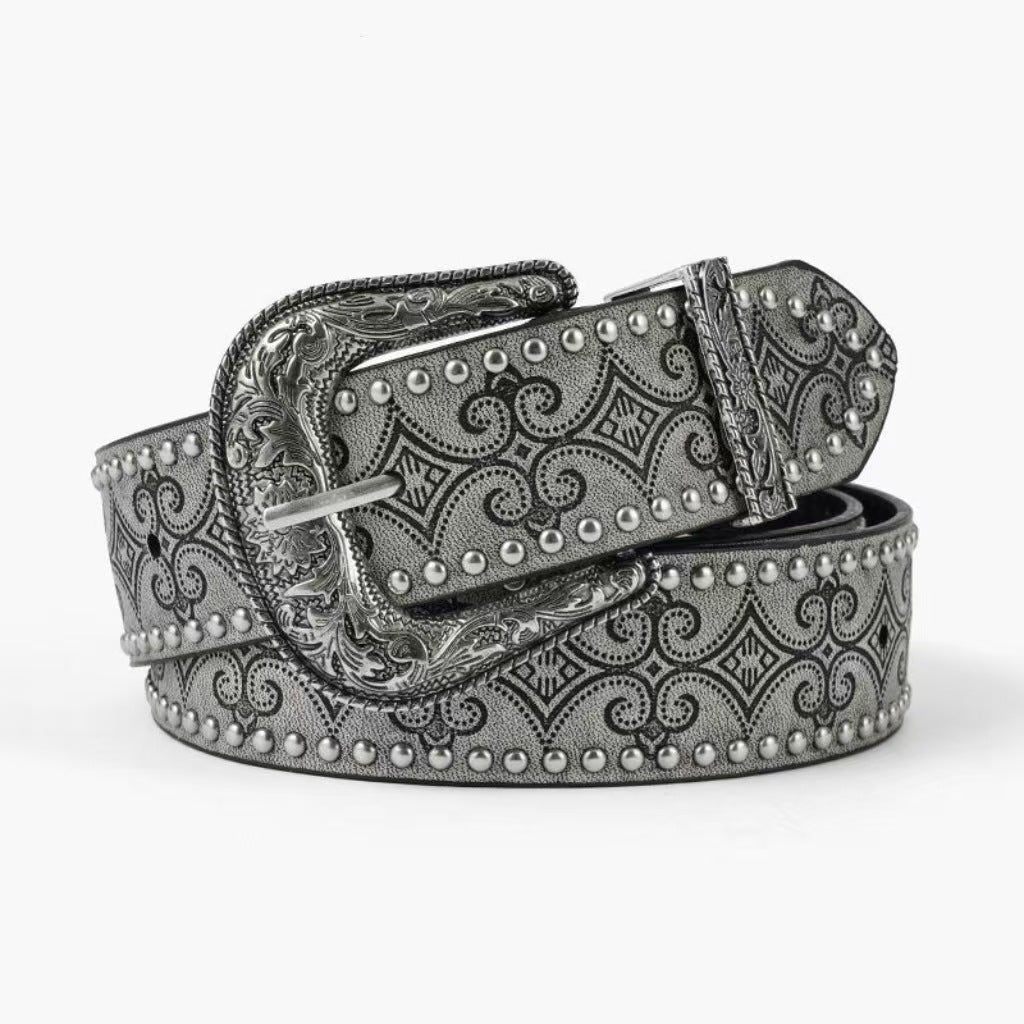 Fashion Floral Embossed Studded Leather Belt MK2LEEP6W6JBT37