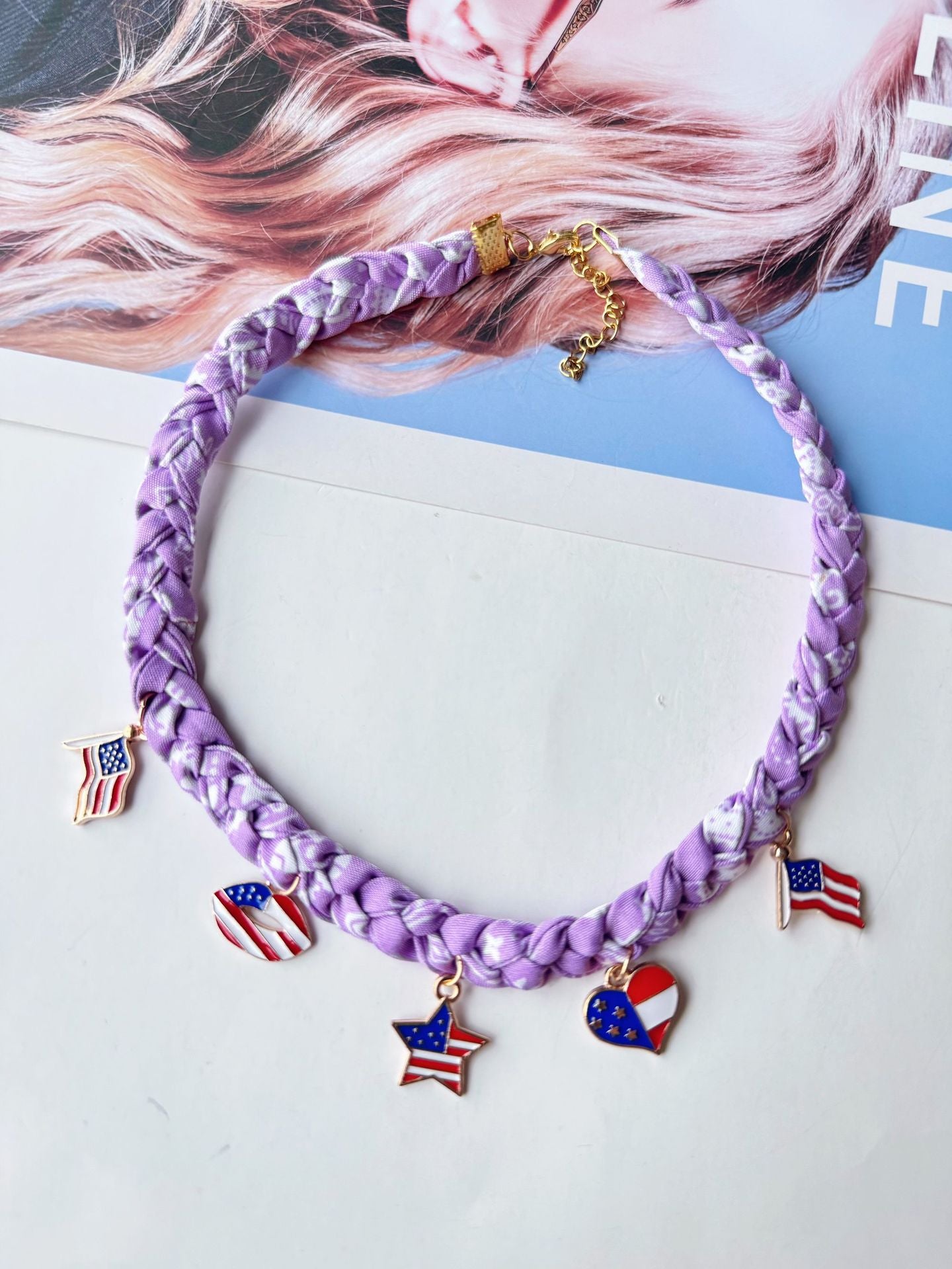 Hand Woven USA Flag Umbrella Pendant Choker Necklace 8ZA6JNC287T