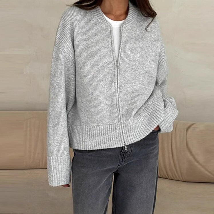 Casual Solid Color Zip Up Knit Cardigan DP25G918