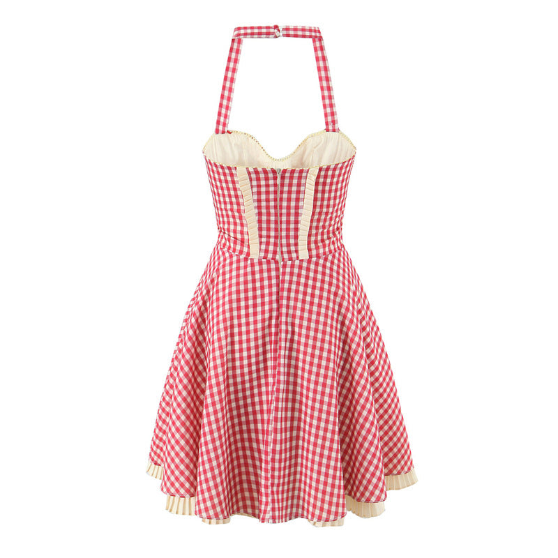 Sweet Halter Sleeveless Plaid Midi Dress DP25C956