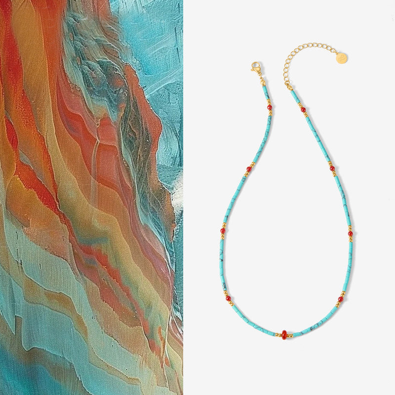Retro Turquoise Beaded Chain Necklace - DippedShop Wholesale - #4435
