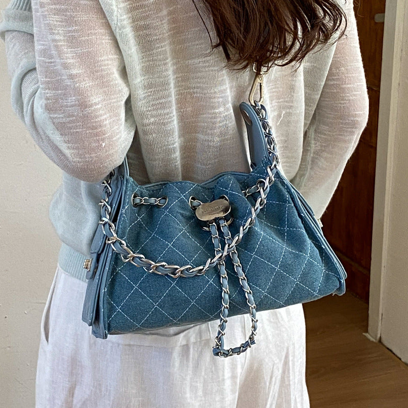Quilted Drawstring Denim Bucket Handbag 6W10BBG1353