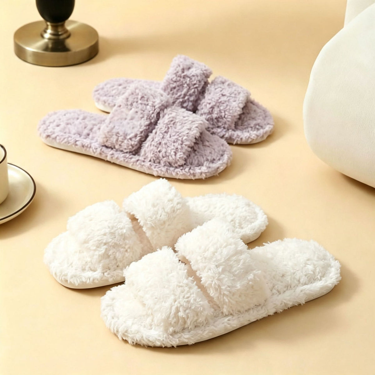 Fuzzy Plush Solid Color Open-Toe Slippers 6W8FSP235