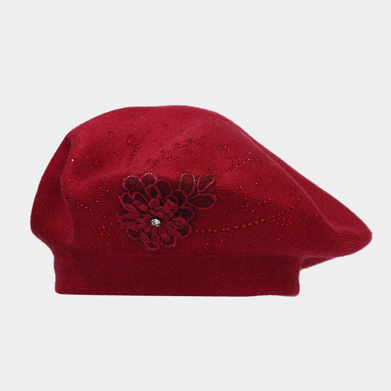 Vintage Rhinestone Floral Embroidery Knit Beret Hat 6W6HAT523